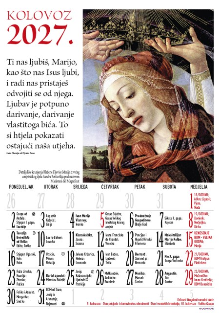 Marija katolički kalendar za 2027. godinu